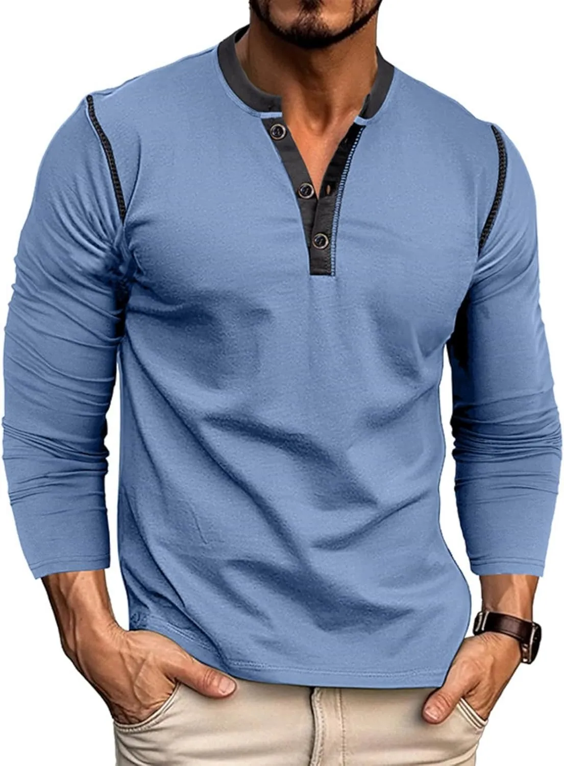 Men's Henley Long Sleeve Shirts Casual Button T-Shirt Classic Basic Lightweight Pullover Cotton Tees Fashion Tops