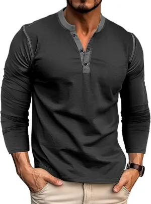 Men's Henley Long Sleeve Shirts Casual Button T-Shirt Classic Basic Lightweight Pullover Cotton Tees Fashion Tops