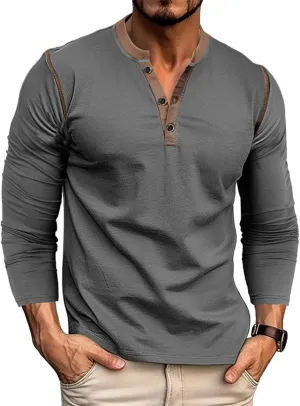 Men's Henley Long Sleeve Shirts Casual Button T-Shirt Classic Basic Lightweight Pullover Cotton Tees Fashion Tops