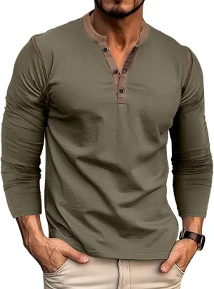 Men's Henley Long Sleeve Shirts Casual Button T-Shirt Classic Basic Lightweight Pullover Cotton Tees Fashion Tops