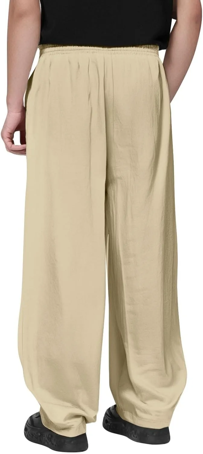 Men's Linen Cotton Pants Casual Lightweight Elastic Waist Summer Trousers