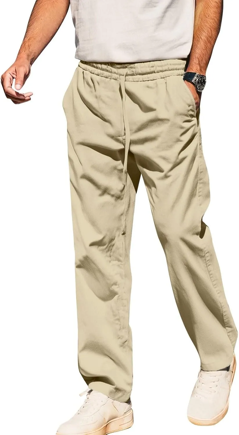 Men's Linen Cotton Pants Casual Lightweight Elastic Waist Summer Trousers