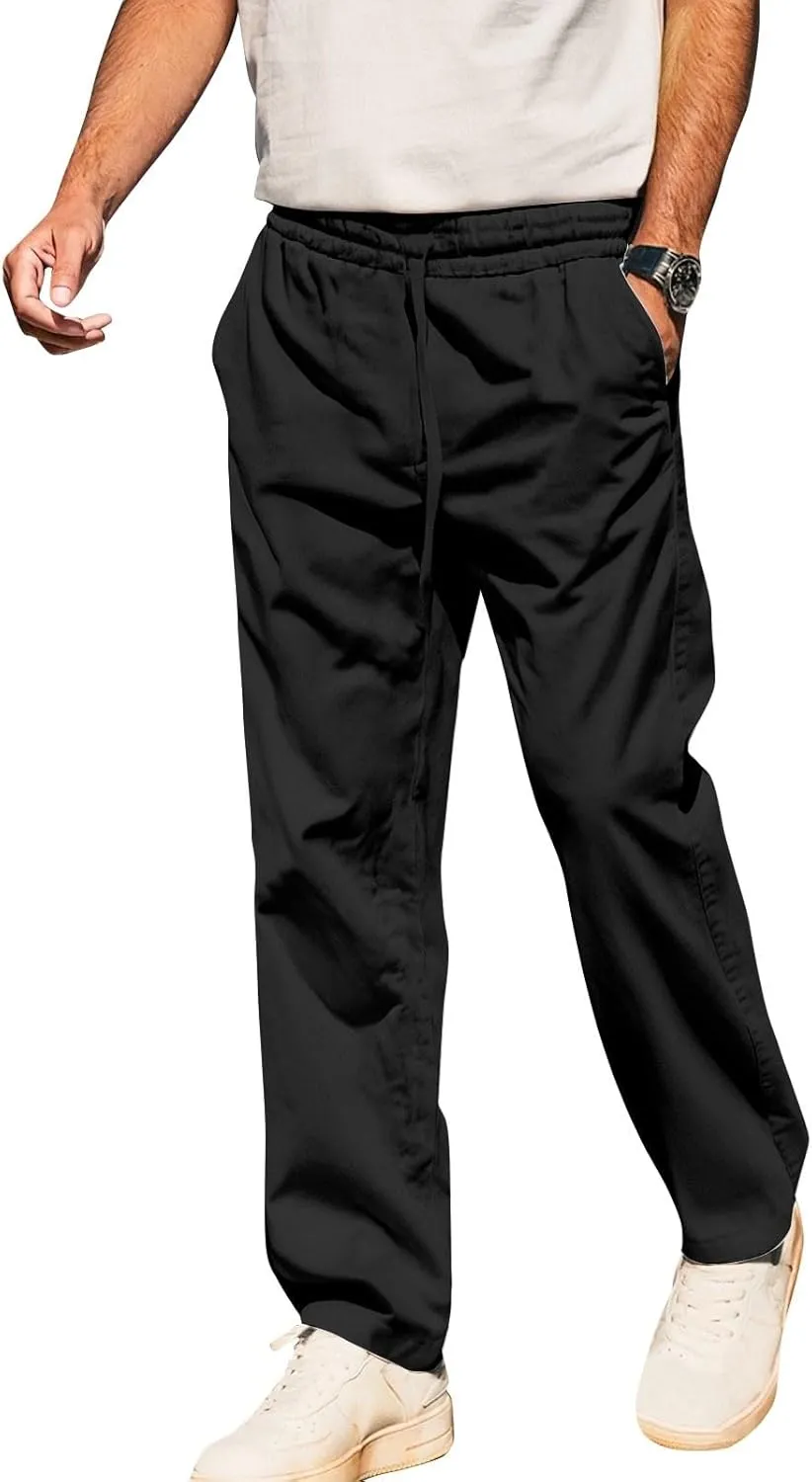 Men's Linen Cotton Pants Casual Lightweight Elastic Waist Summer Trousers