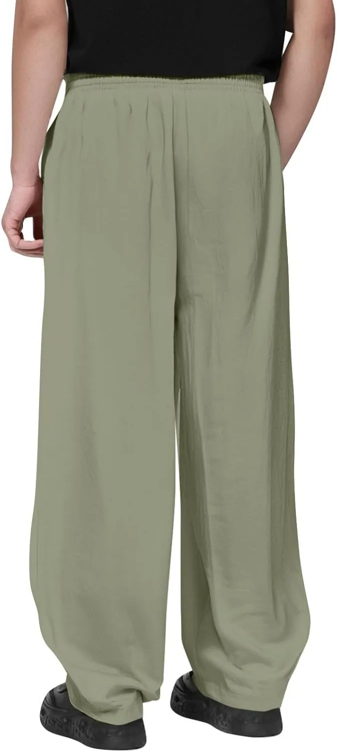 Men's Linen Cotton Pants Casual Lightweight Elastic Waist Summer Trousers
