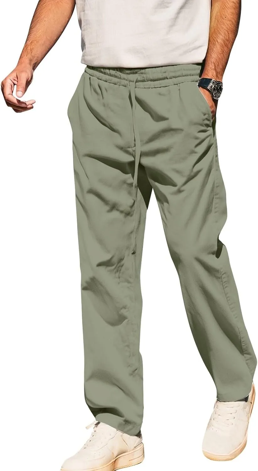 Men's Linen Cotton Pants Casual Lightweight Elastic Waist Summer Trousers