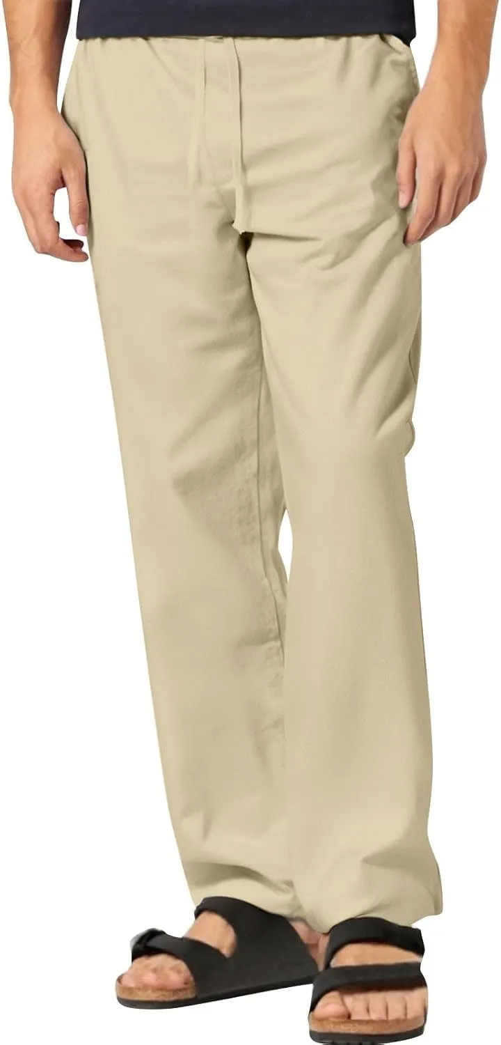 Men's Linen Cotton Pants Casual Lightweight Elastic Waist Summer Trousers