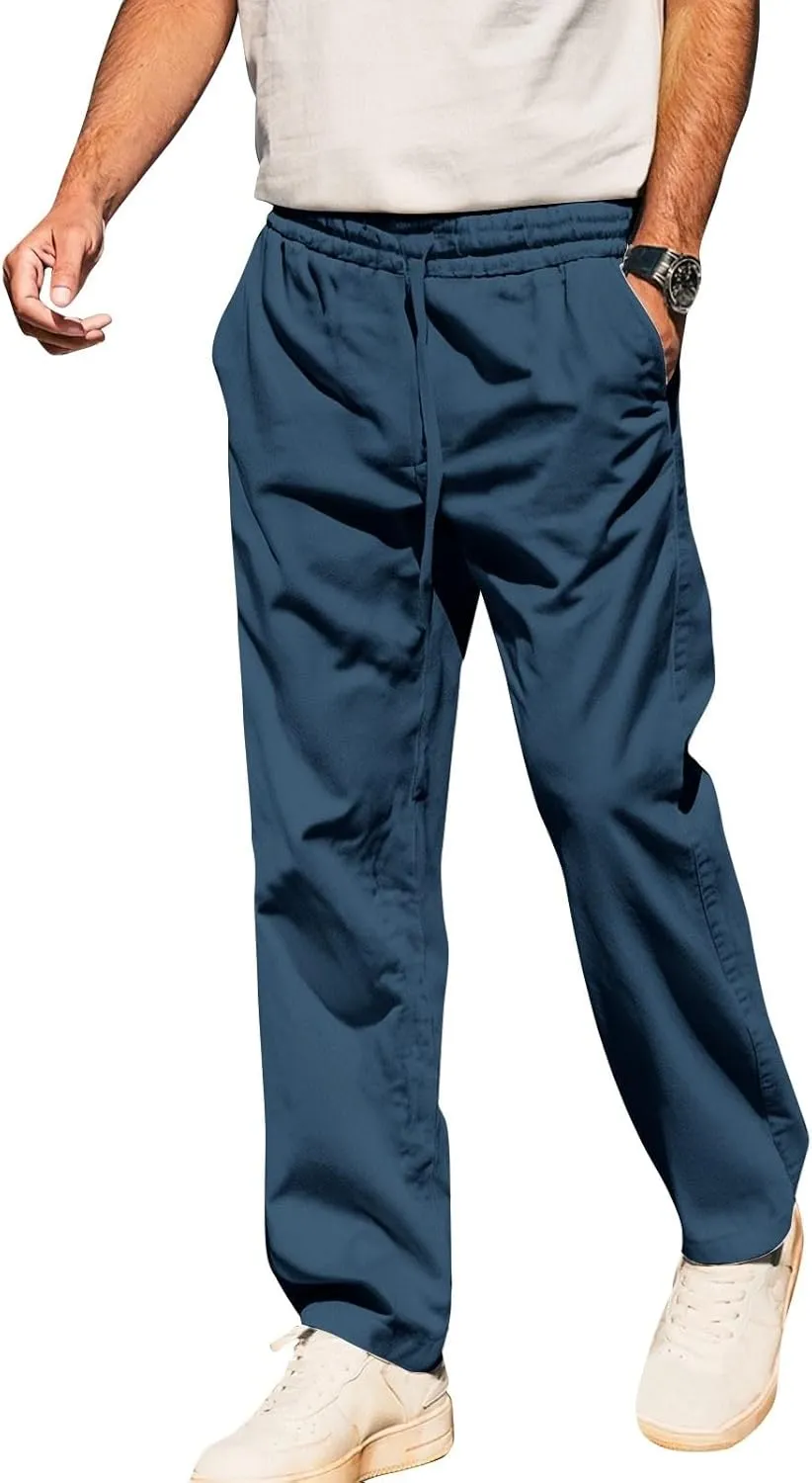 Men's Linen Cotton Pants Casual Lightweight Elastic Waist Summer Trousers