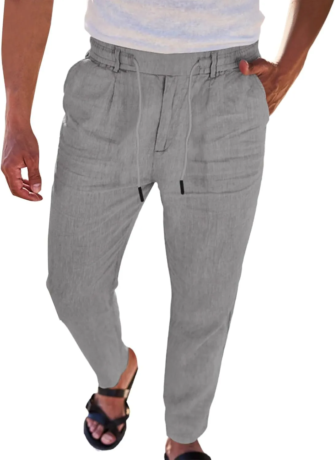 Men's Linen Pants Casual Lightweight Drawstring Loose Beach Yoga Trousers with Pockets