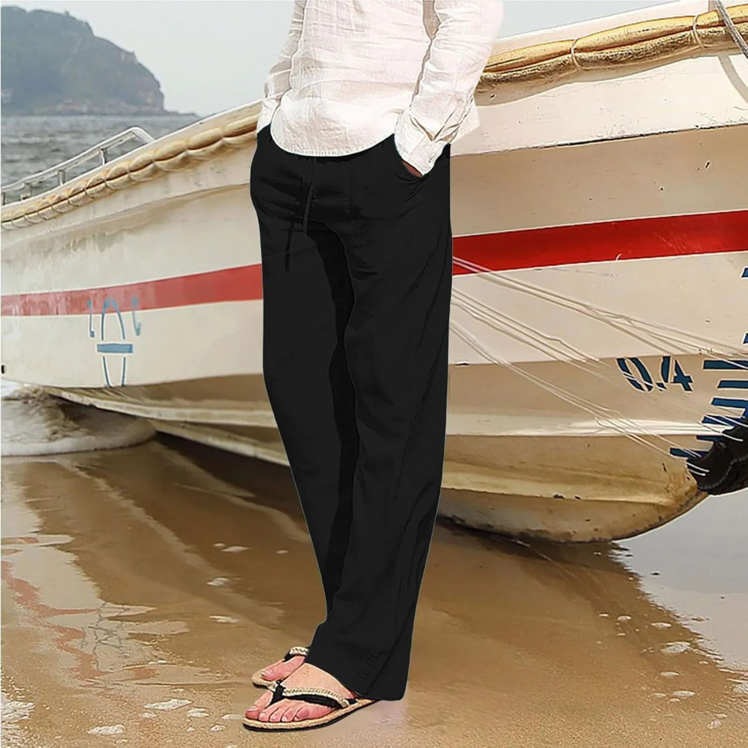 Men's Linen Pants Casual Loose Fit Beach Summer Lightweight Yoga Trousers