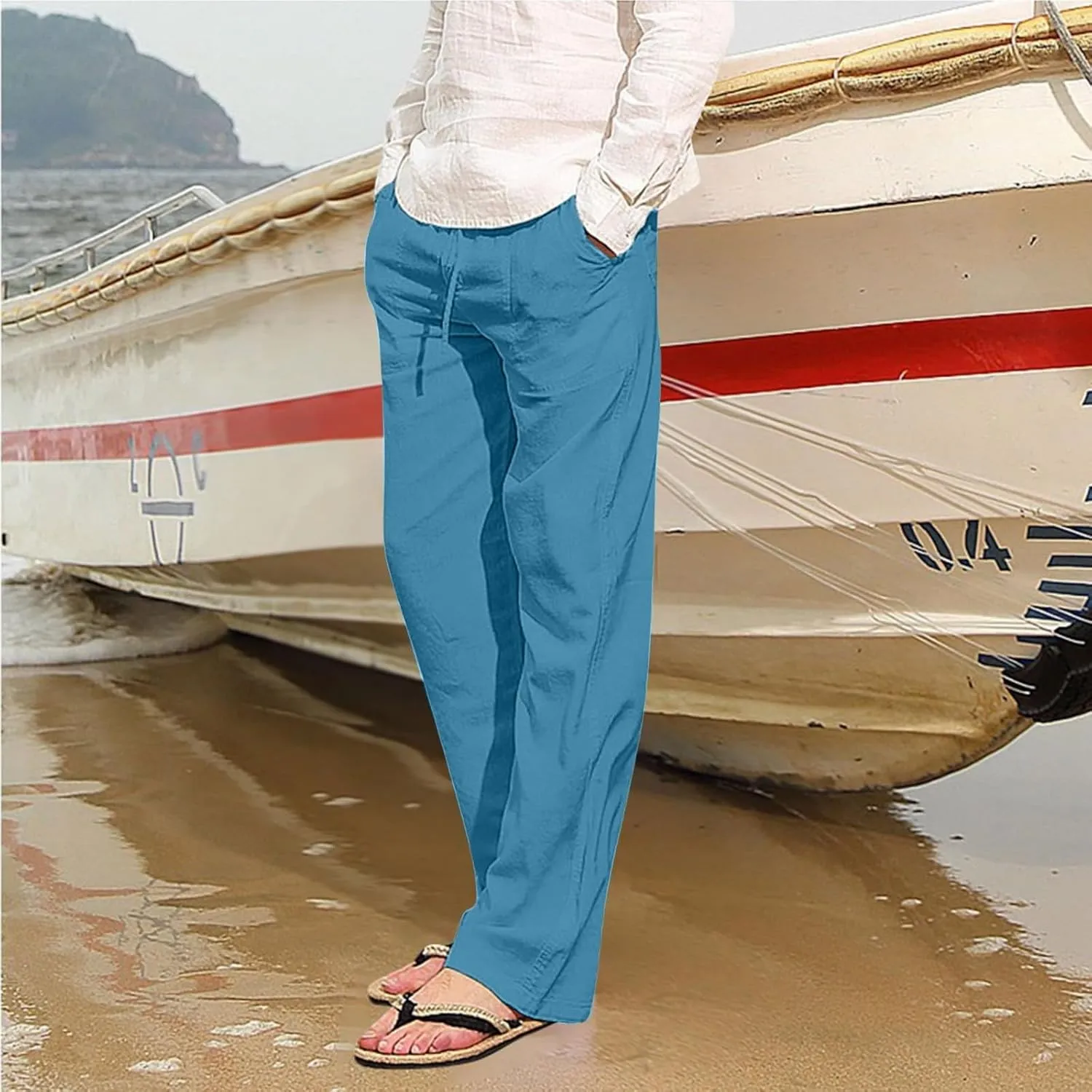 Men's Linen Pants Casual Loose Fit Beach Summer Lightweight Yoga Trousers
