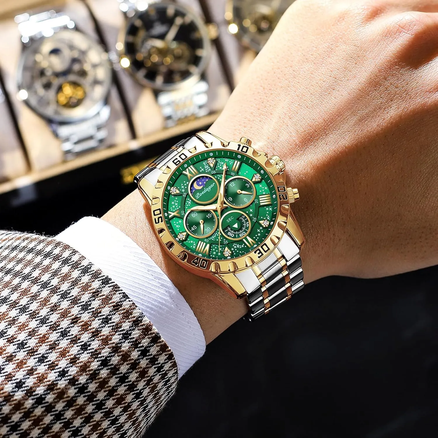 Men's Luxury Military Quartz Watch Casual Sport Man Starry Elements Designed Dial Wristwatch Waterproof Luminous Chronograph Stainless Steel Men Watches