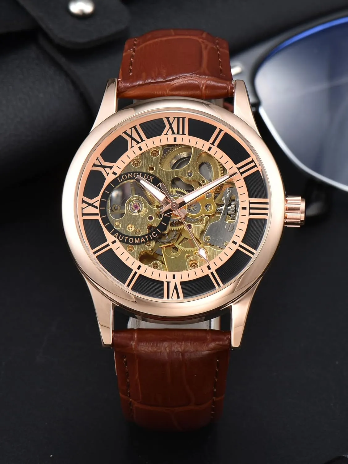 Men's Mechanical Skeleton Watch, Gold Case with Brown Leather Band, Roman Numeral Display