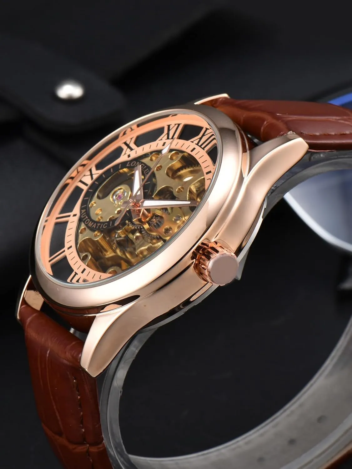 Men's Mechanical Skeleton Watch, Gold Case with Brown Leather Band, Roman Numeral Display