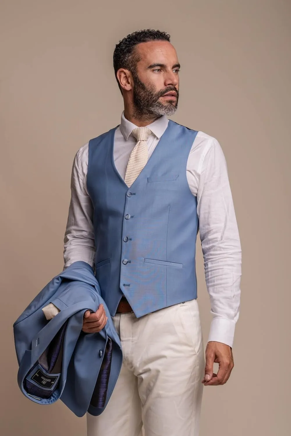 Men's Premium Slim Fit Wool Blend Suit - Ocean Blue 3-Piece Tailored Set with Versatile Ecru Chinos - Formal & Wedding Attire