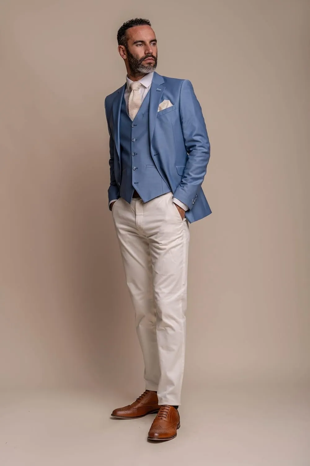 Men's Premium Slim Fit Wool Blend Suit - Ocean Blue 3-Piece Tailored Set with Versatile Ecru Chinos - Formal & Wedding Attire