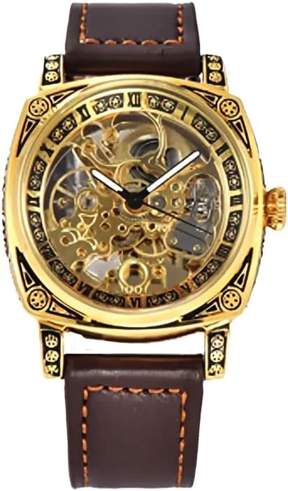 Men's Skeleton Mechanical Watch, Gold-Tone Stainless Steel Case, Dark Brown Leather Band, 42mm