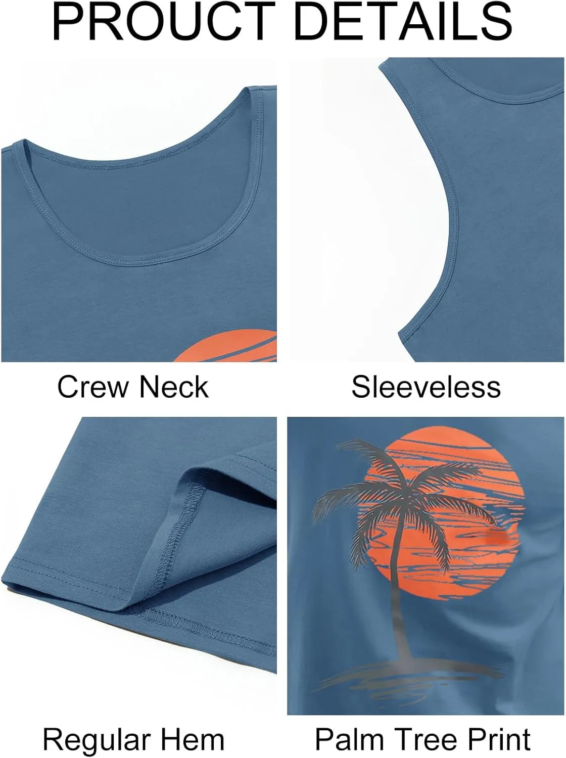 Mens Sleeveless Tank Tops Workout Gym Shirts Palm Tree Vintage Style T-Shirt