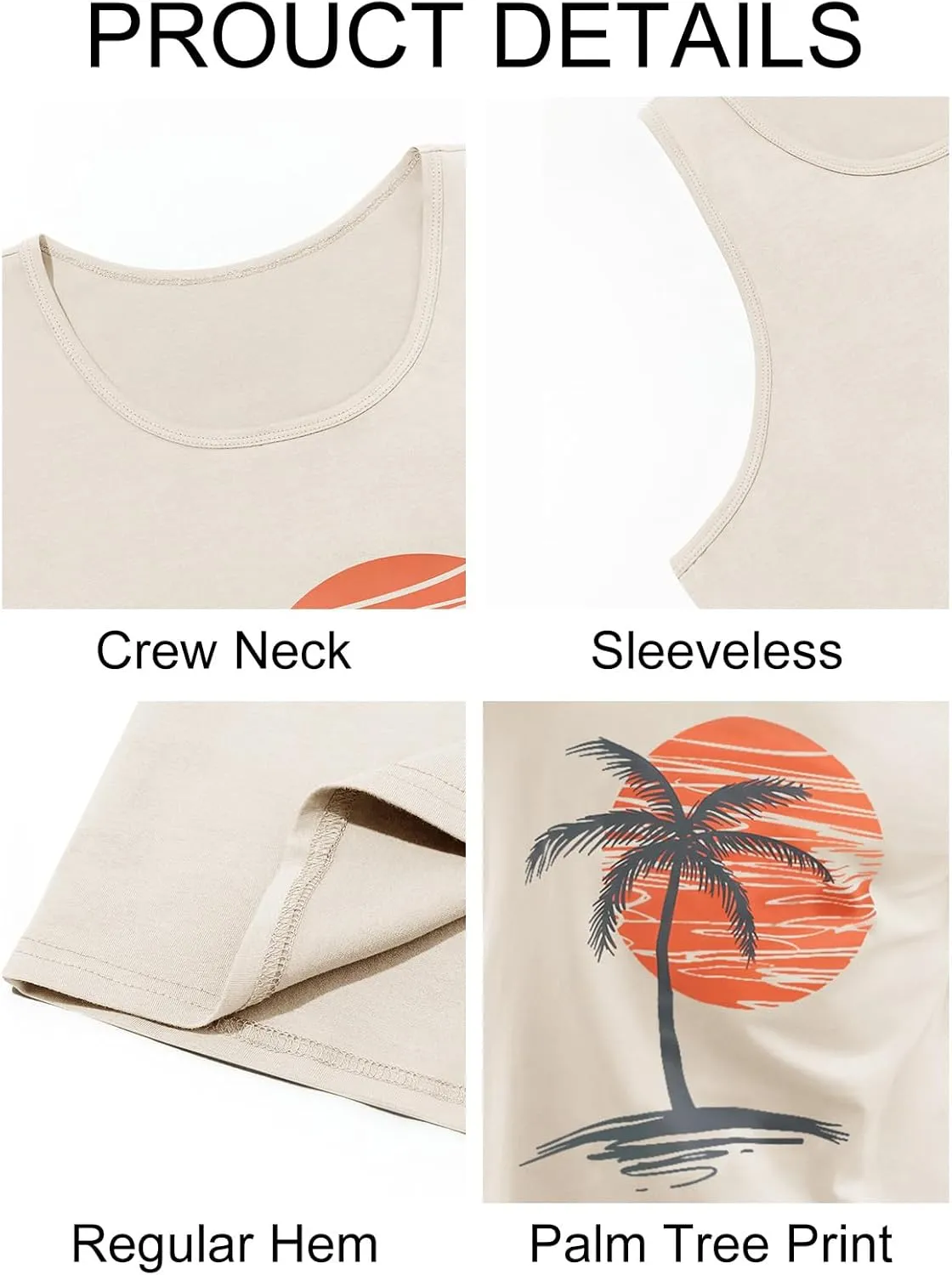 Mens Sleeveless Tank Tops Workout Gym Shirts Palm Tree Vintage Style T-Shirt