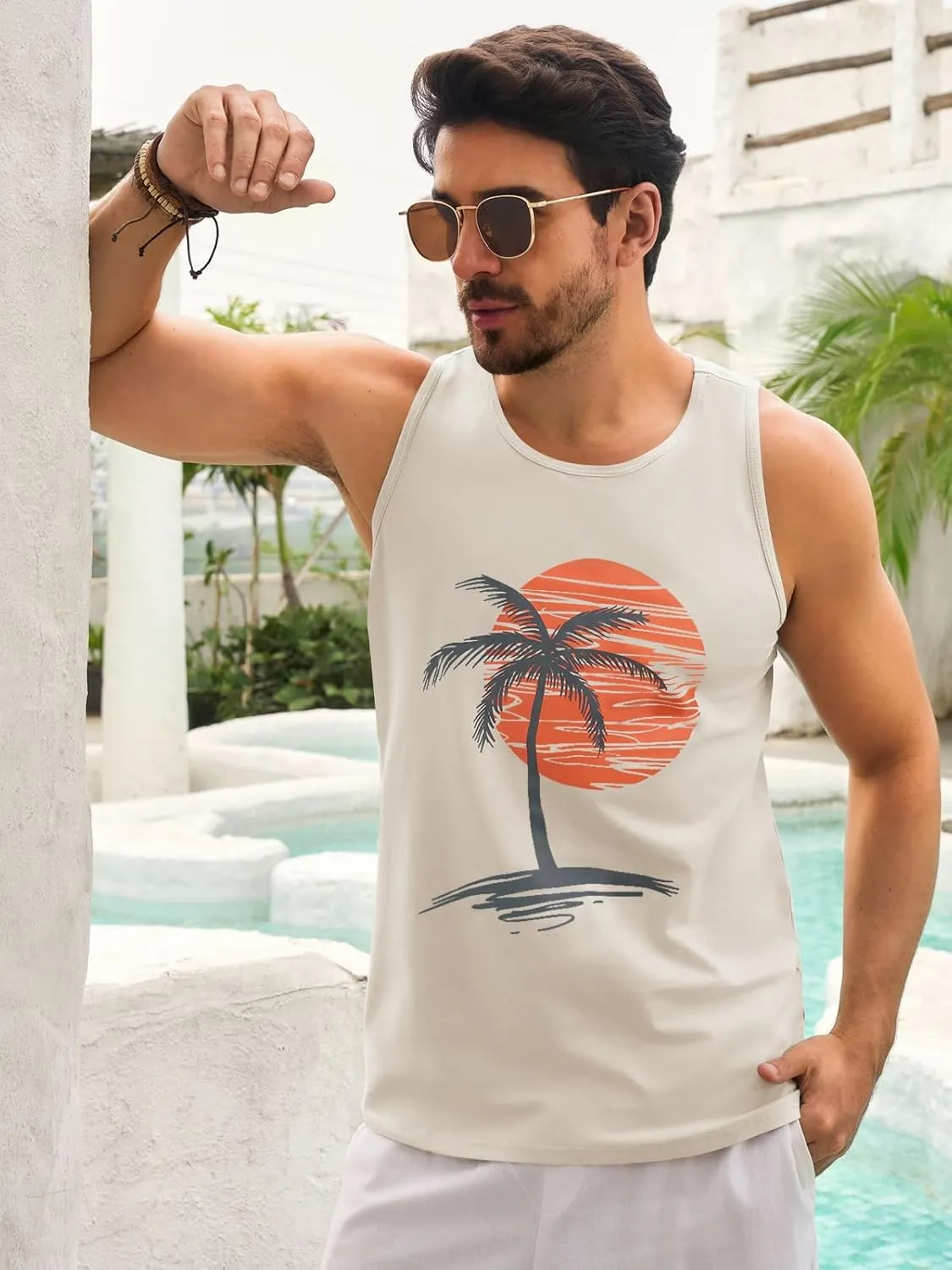 Mens Sleeveless Tank Tops Workout Gym Shirts Palm Tree Vintage Style T-Shirt