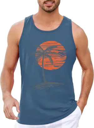 Mens Sleeveless Tank Tops Workout Gym Shirts Palm Tree Vintage Style T-Shirt