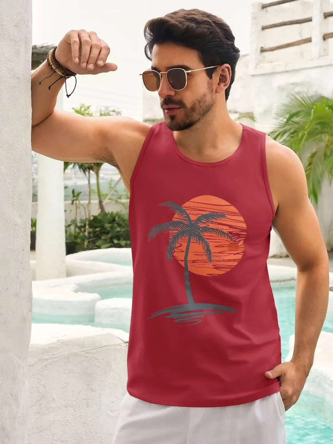 Mens Sleeveless Tank Tops Workout Gym Shirts Palm Tree Vintage Style T-Shirt