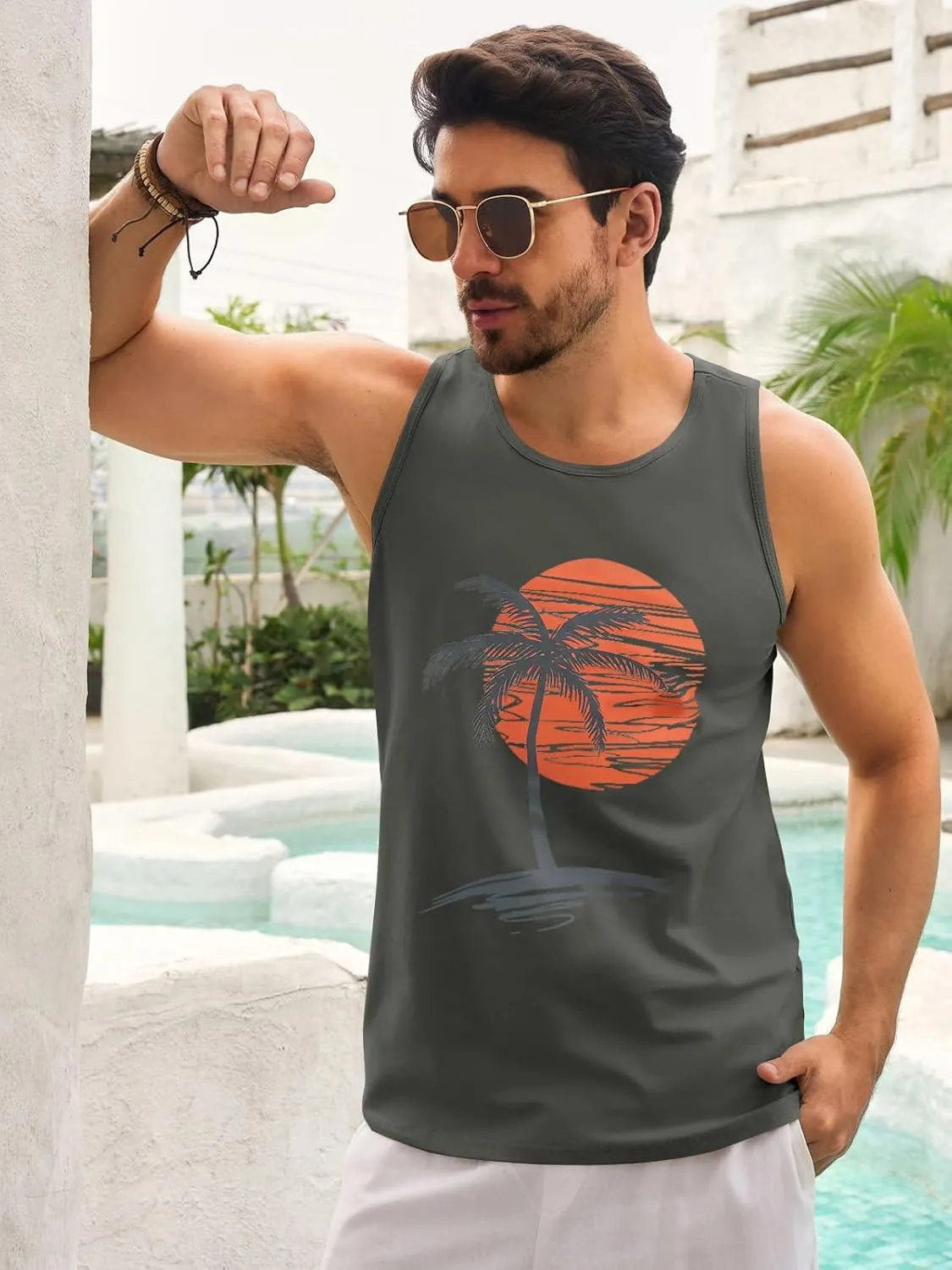 Mens Sleeveless Tank Tops Workout Gym Shirts Palm Tree Vintage Style T-Shirt