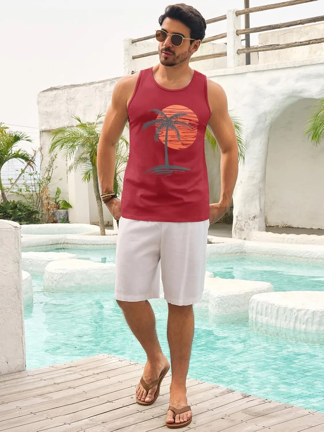 Mens Sleeveless Tank Tops Workout Gym Shirts Palm Tree Vintage Style T-Shirt