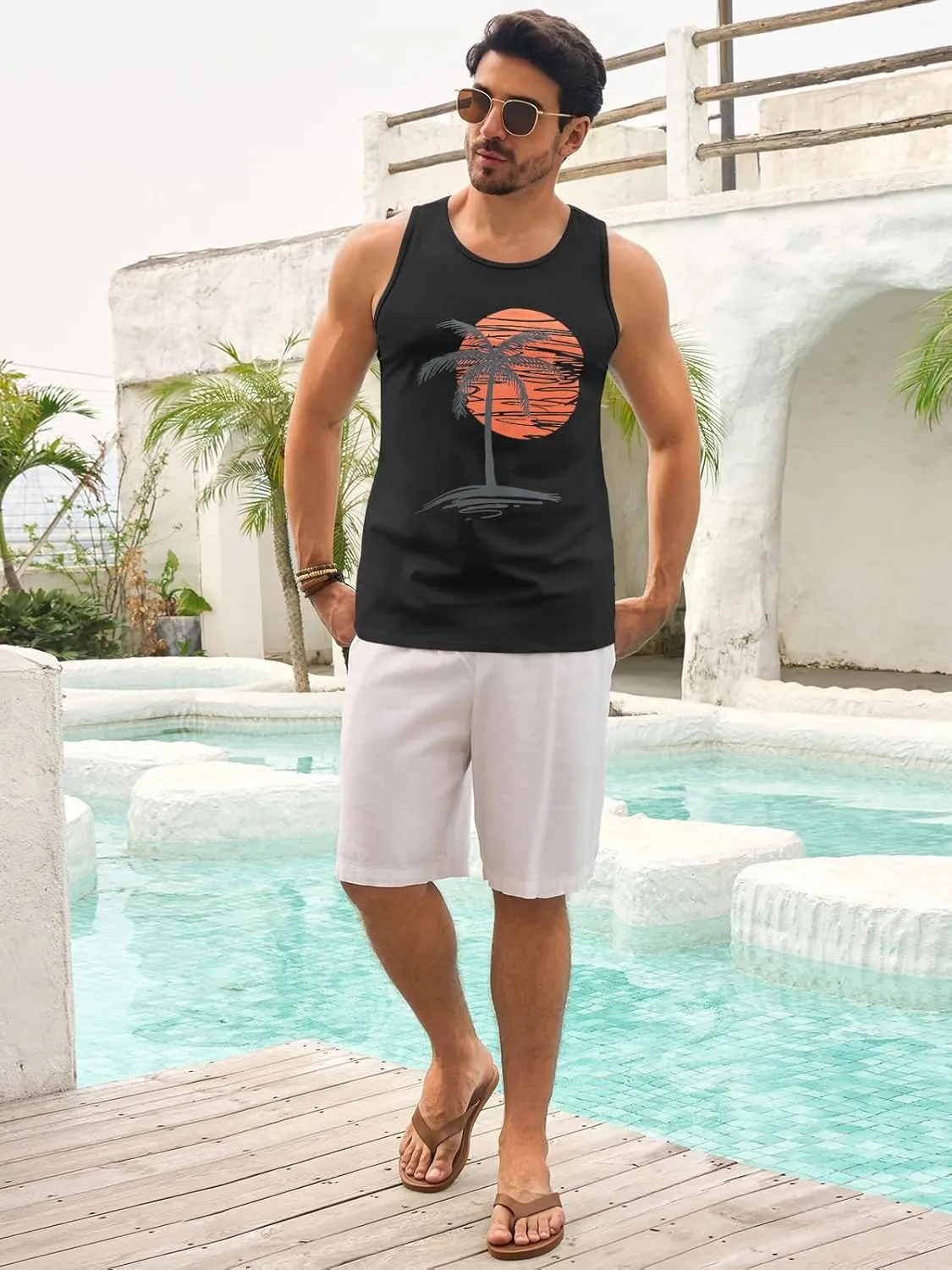 Mens Sleeveless Tank Tops Workout Gym Shirts Palm Tree Vintage Style T-Shirt