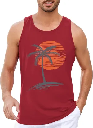 Mens Sleeveless Tank Tops Workout Gym Shirts Palm Tree Vintage Style T-Shirt