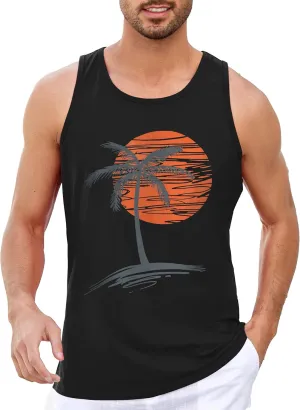 Mens Sleeveless Tank Tops Workout Gym Shirts Palm Tree Vintage Style T-Shirt