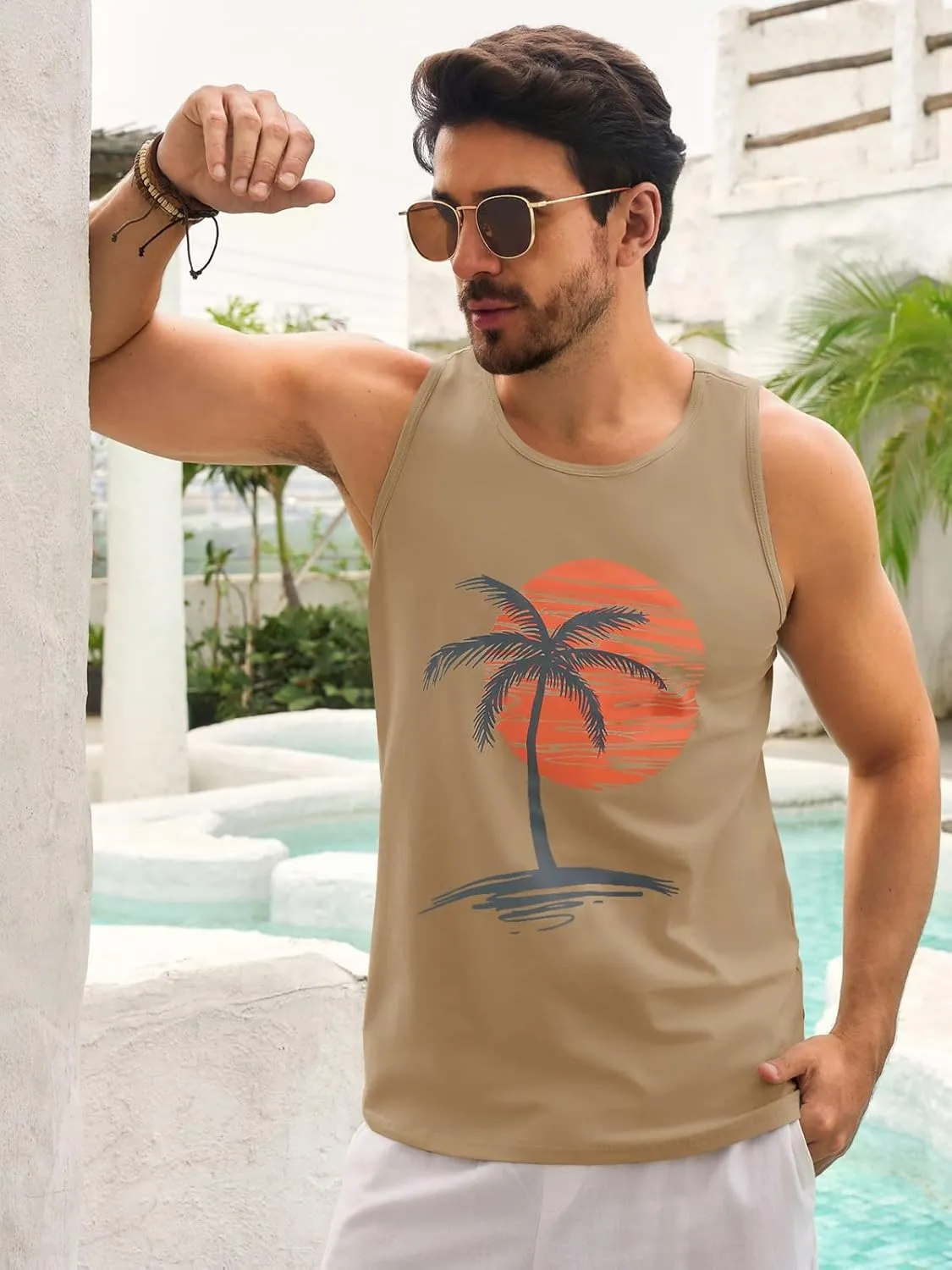 Mens Sleeveless Tank Tops Workout Gym Shirts Palm Tree Vintage Style T-Shirt