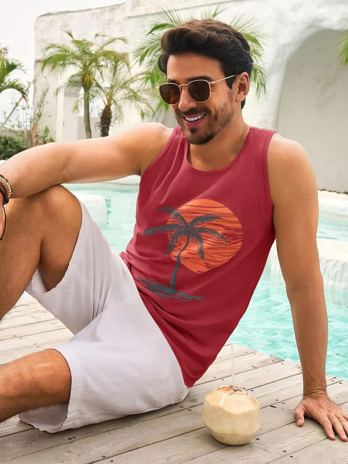 Mens Sleeveless Tank Tops Workout Gym Shirts Palm Tree Vintage Style T-Shirt
