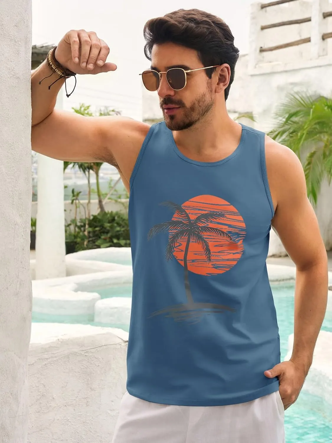Mens Sleeveless Tank Tops Workout Gym Shirts Palm Tree Vintage Style T-Shirt