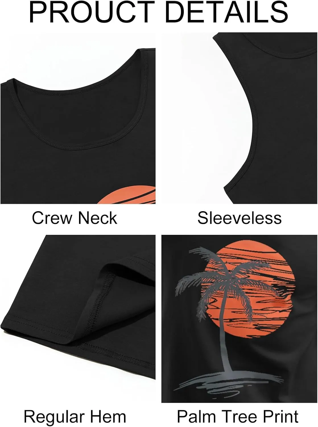 Mens Sleeveless Tank Tops Workout Gym Shirts Palm Tree Vintage Style T-Shirt