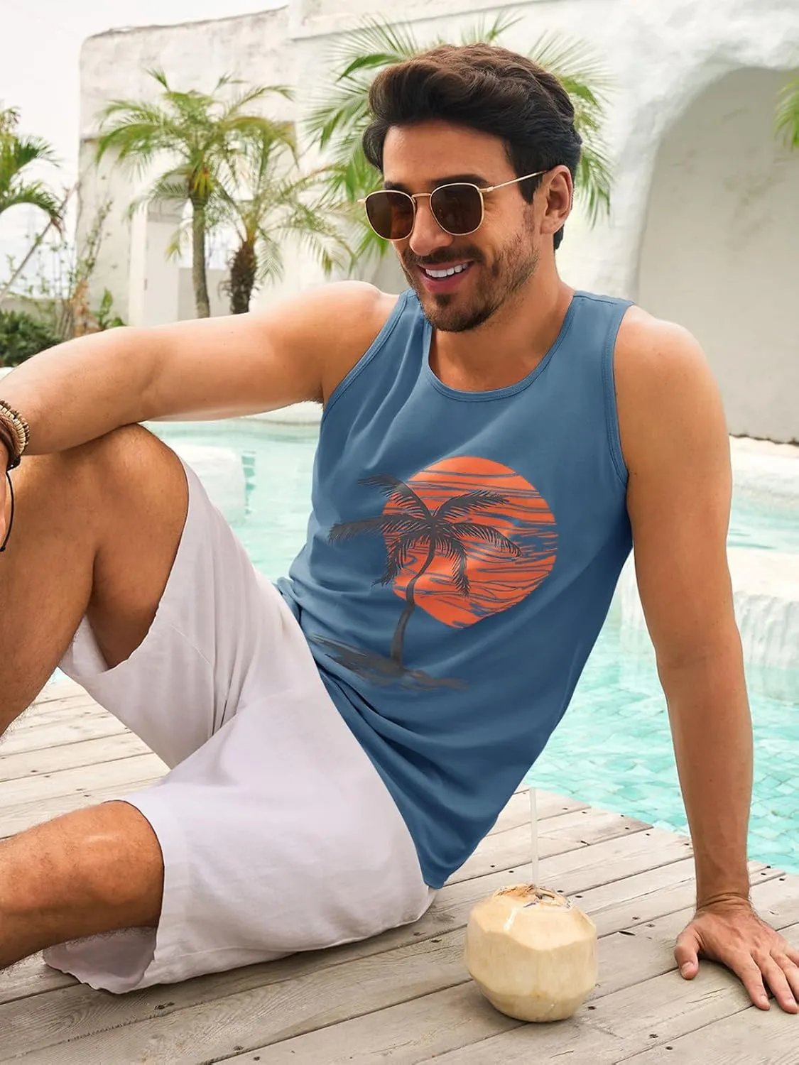 Mens Sleeveless Tank Tops Workout Gym Shirts Palm Tree Vintage Style T-Shirt