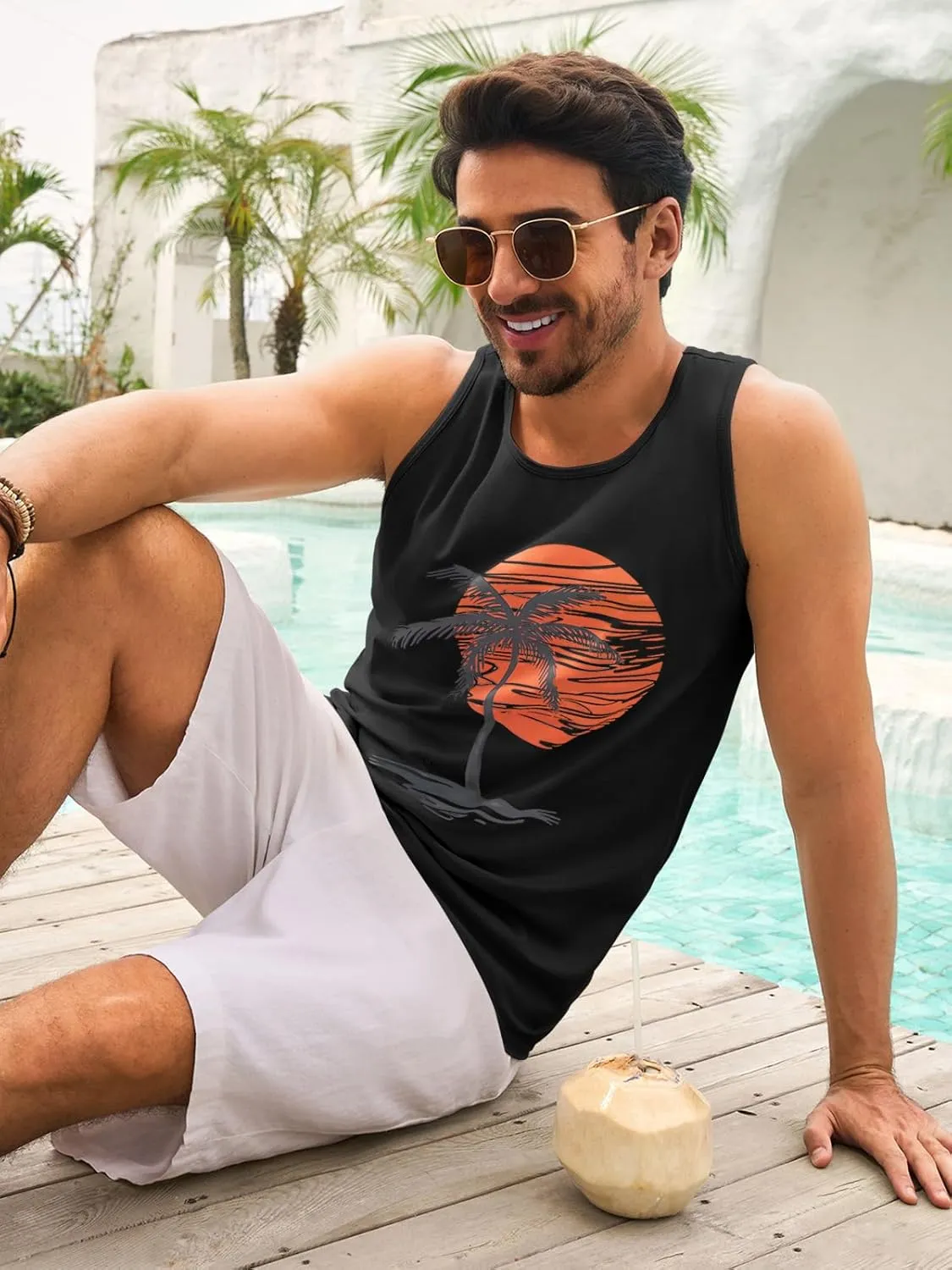Mens Sleeveless Tank Tops Workout Gym Shirts Palm Tree Vintage Style T-Shirt