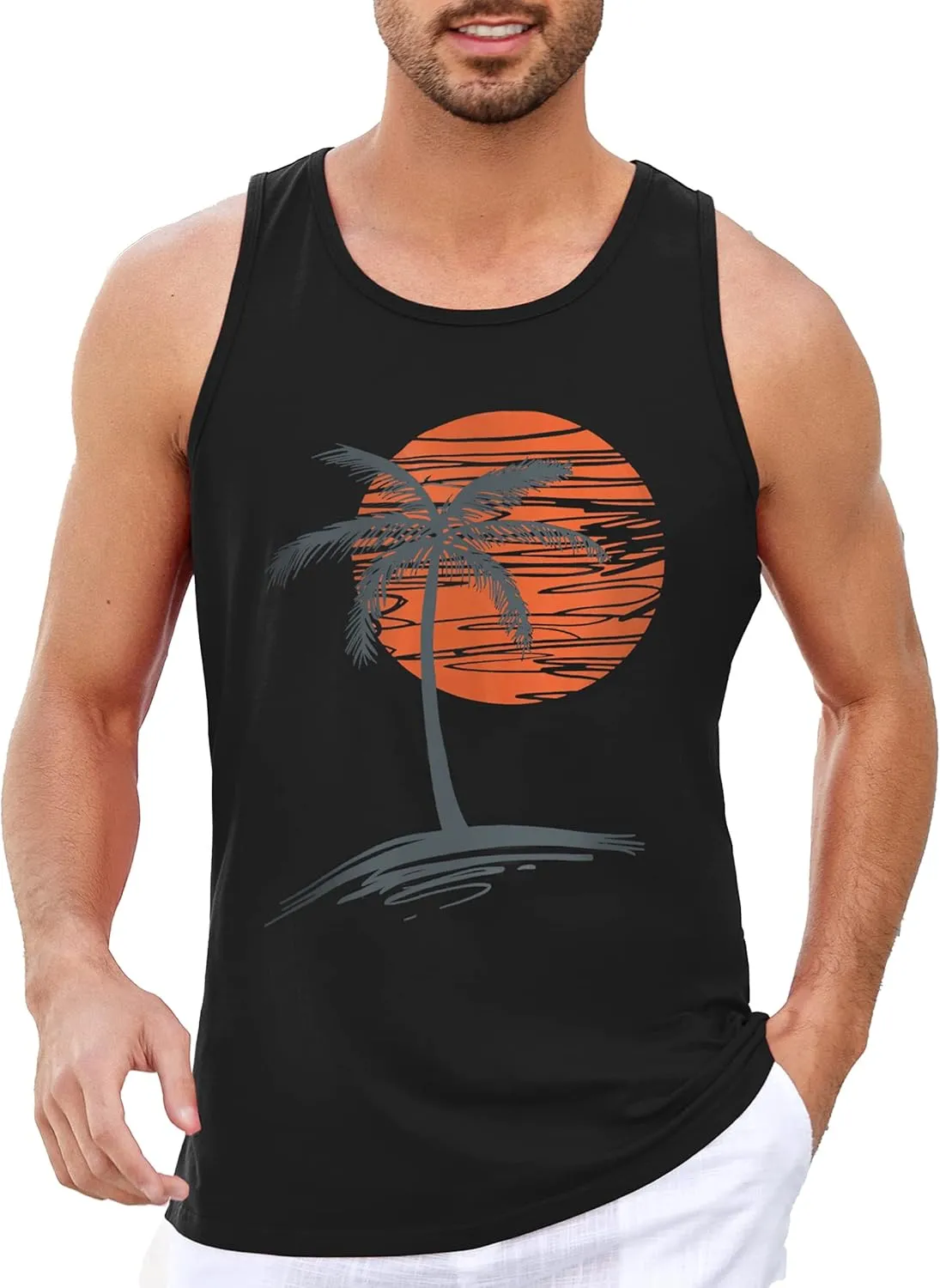 Mens Sleeveless Tank Tops Workout Gym Shirts Palm Tree Vintage Style T-Shirt