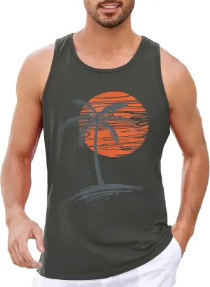 Mens Sleeveless Tank Tops Workout Gym Shirts Palm Tree Vintage Style T-Shirt