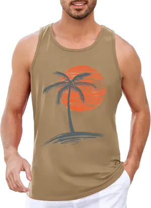 Mens Sleeveless Tank Tops Workout Gym Shirts Palm Tree Vintage Style T-Shirt