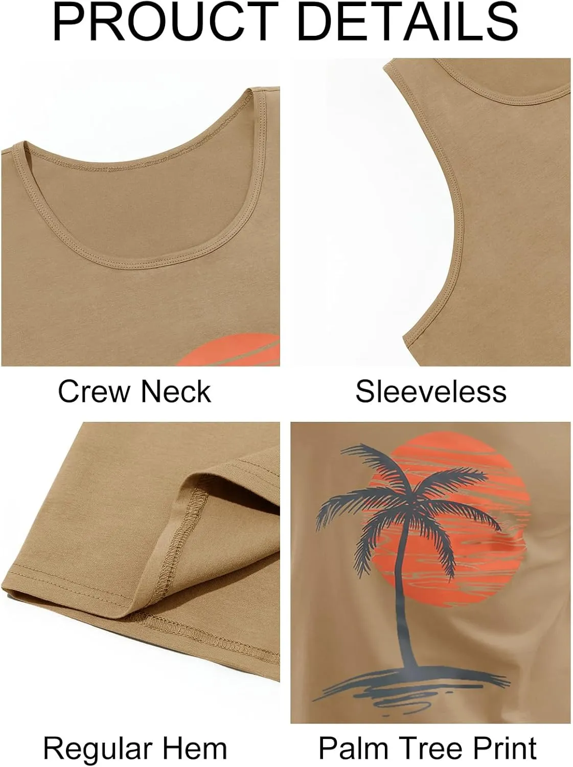 Mens Sleeveless Tank Tops Workout Gym Shirts Palm Tree Vintage Style T-Shirt