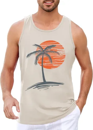 Mens Sleeveless Tank Tops Workout Gym Shirts Palm Tree Vintage Style T-Shirt