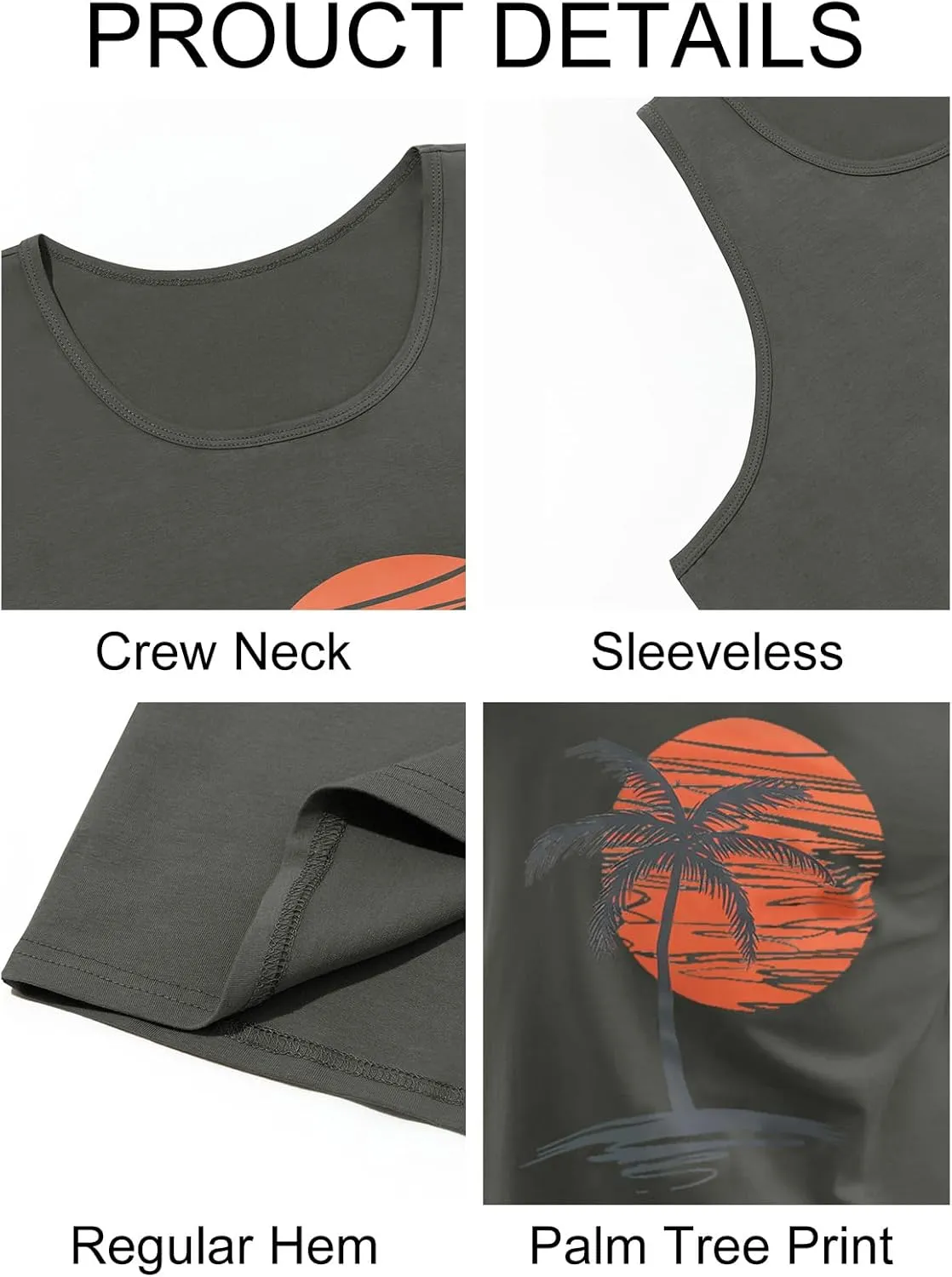 Mens Sleeveless Tank Tops Workout Gym Shirts Palm Tree Vintage Style T-Shirt