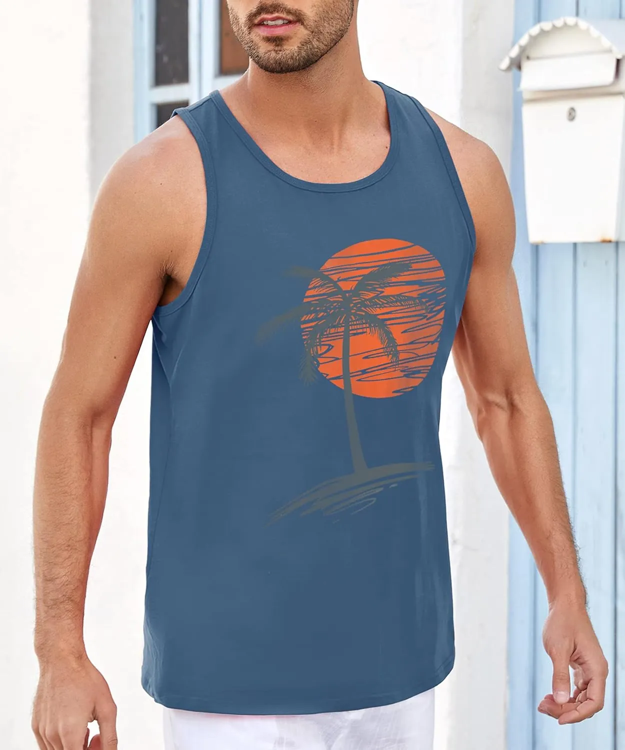 Mens Sleeveless Tank Tops Workout Gym Shirts Palm Tree Vintage Style T-Shirt