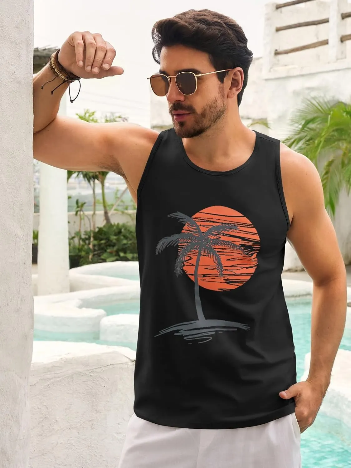 Mens Sleeveless Tank Tops Workout Gym Shirts Palm Tree Vintage Style T-Shirt