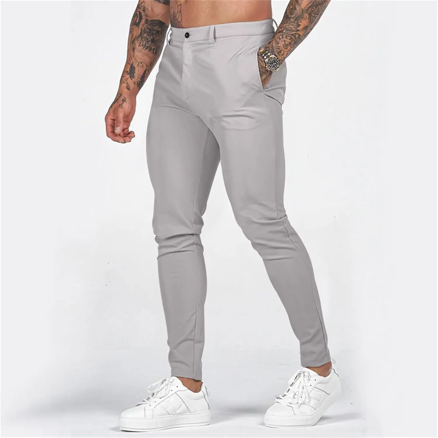 Mens Slim Fit Dress Pencil Pants Classic Flat Front Straight Leg Chinos Pants Business Suit Work Casual Golf Trousers
