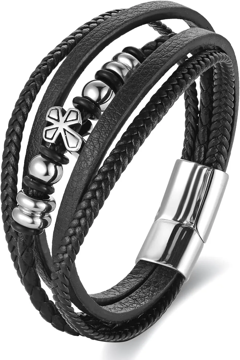 Mens Stainless Steel Vintage Cross Beads Charm Multi-strand Black Leather Bangle Bracelet, Religion Prayer, Timeless Style