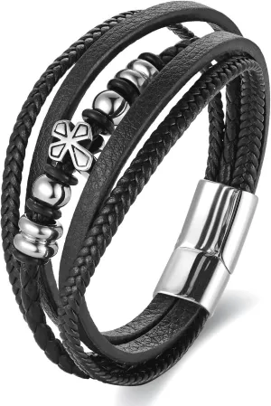 Mens Stainless Steel Vintage Cross Beads Charm Multi-strand Black Leather Bangle Bracelet, Religion Prayer, Timeless Style
