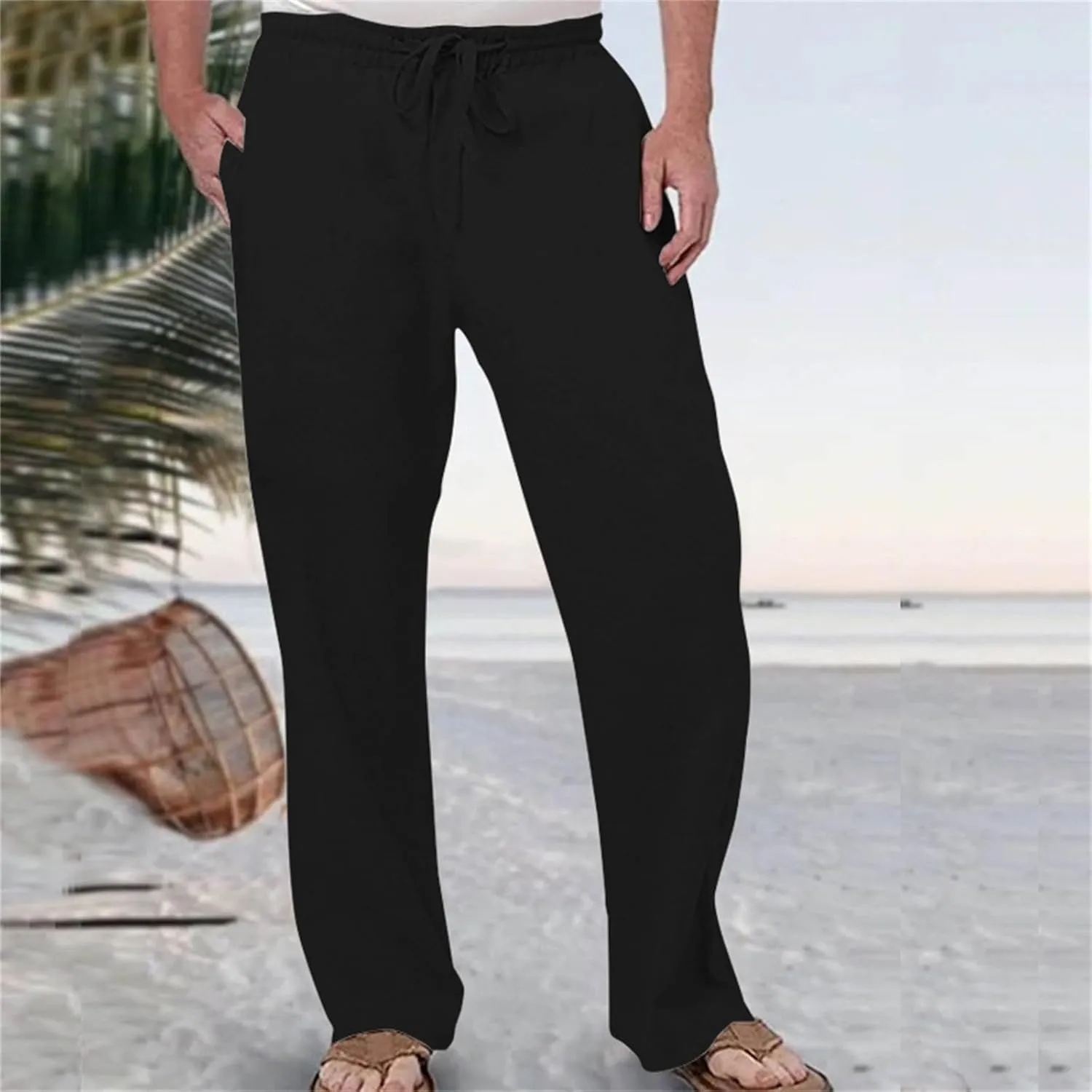 Men's Tall Open Bottom Joggers Versatile Yoga Golf Running Pants Cotton Linen Blend Straight Leg with Pockets