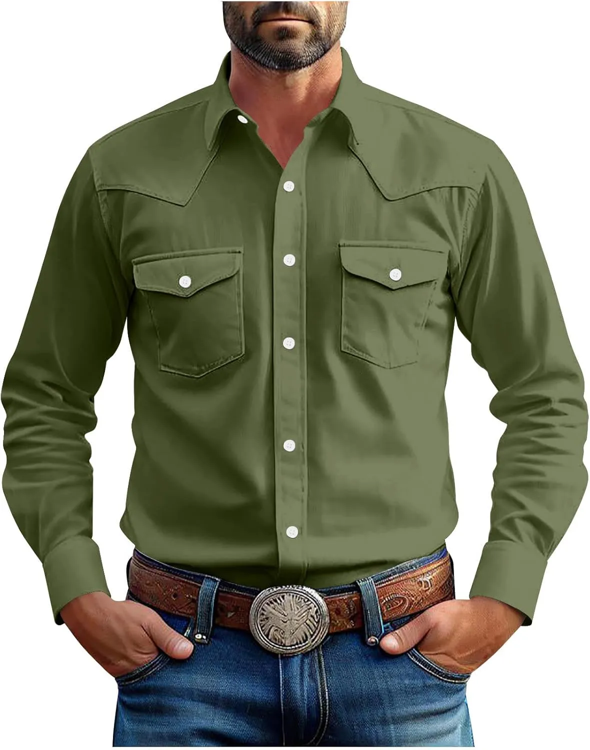Men's Vintage Western Button Up Casual Cowboy Shirts Long Sleeve Lapel Collar Formal Work Dress Top with Front Pockets