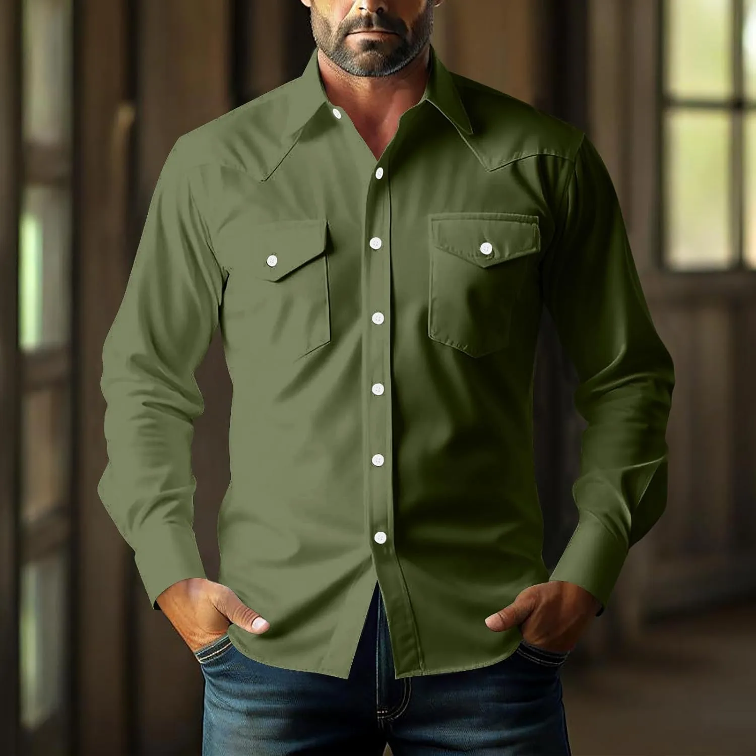 Men's Vintage Western Button Up Casual Cowboy Shirts Long Sleeve Lapel Collar Formal Work Dress Top with Front Pockets